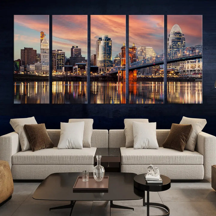 Stunning Cincinnati Bridge Photo Canvas Wall Art Cityscape Print Framed