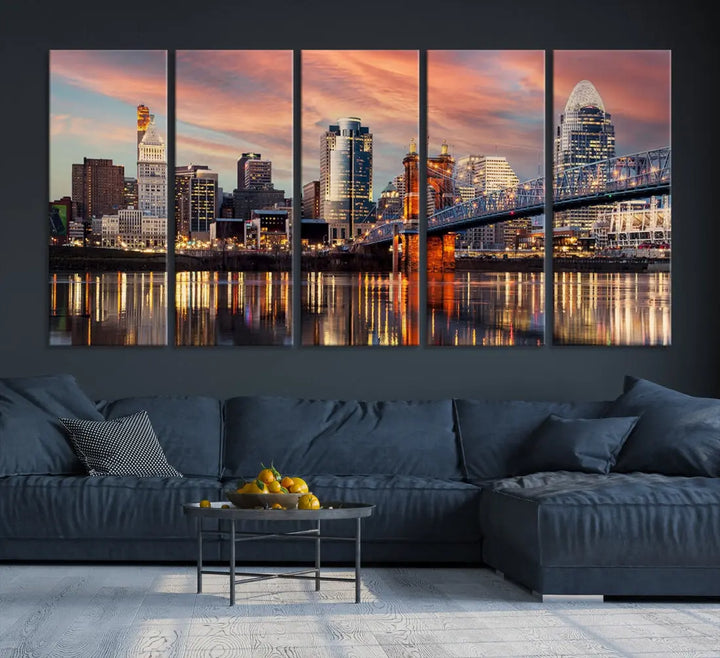 Stunning Cincinnati Bridge Photo Canvas Wall Art Cityscape Print Framed