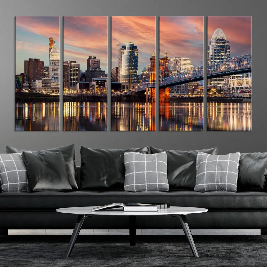 Stunning Cincinnati Bridge Photo Canvas Wall Art Cityscape Print Framed