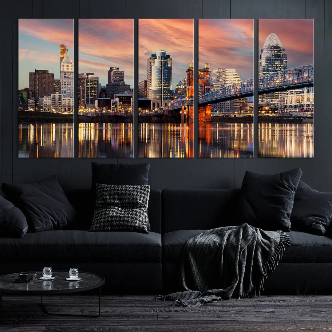 Stunning Cincinnati Bridge Photo Canvas Wall Art Cityscape Print Framed