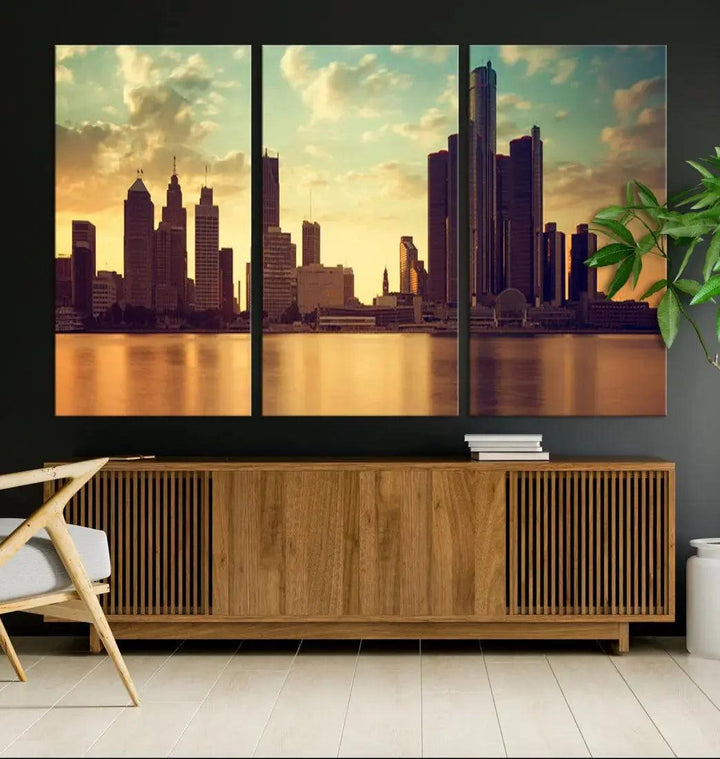 Stunning Detroit City Photo Canvas Wall Art Sunny Skyline Cityscape Canvas Print