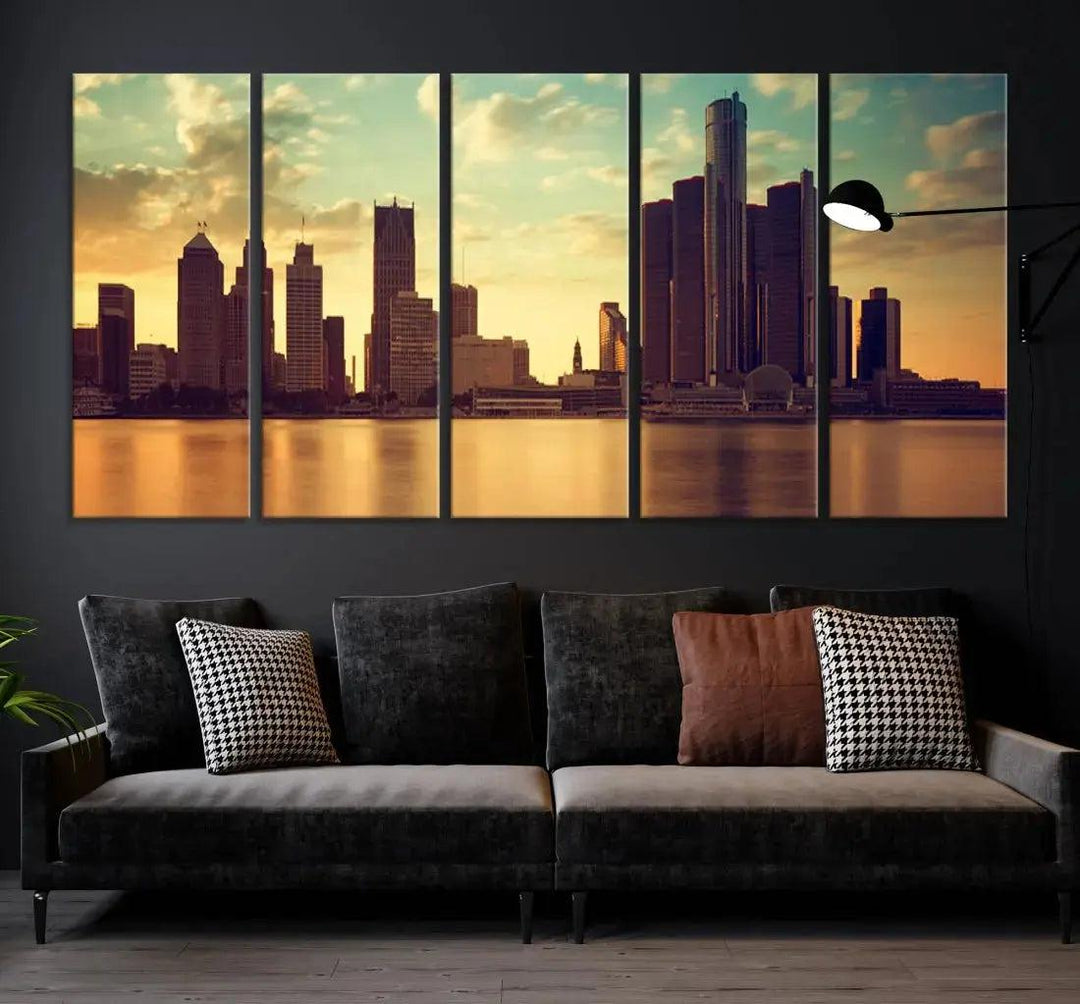 Stunning Detroit City Photo Canvas Wall Art Sunny Skyline Cityscape Canvas Print