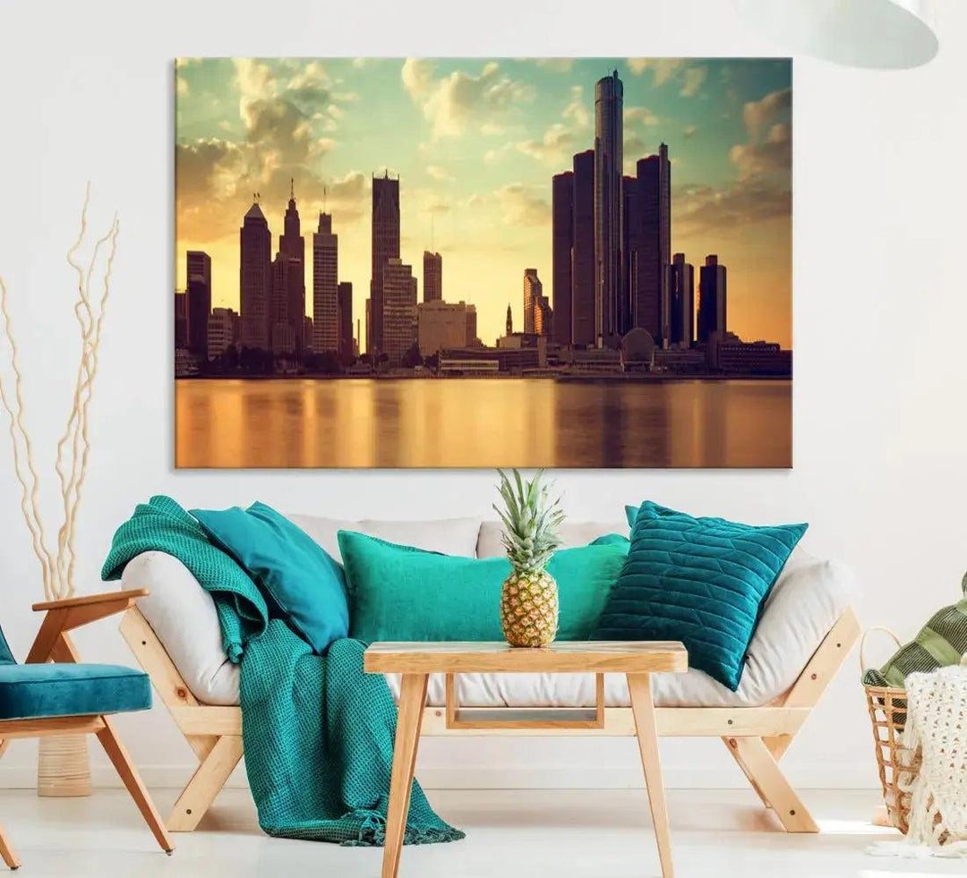 Stunning Detroit City Photo Canvas Wall Art Sunny Skyline Cityscape Canvas Print