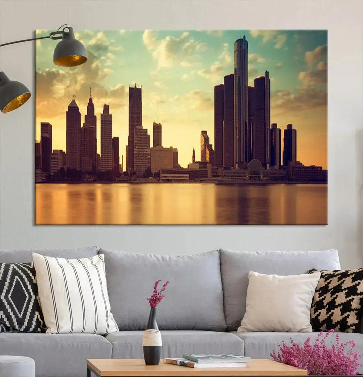 Stunning Detroit City Photo Canvas Wall Art Sunny Skyline Cityscape Canvas Print