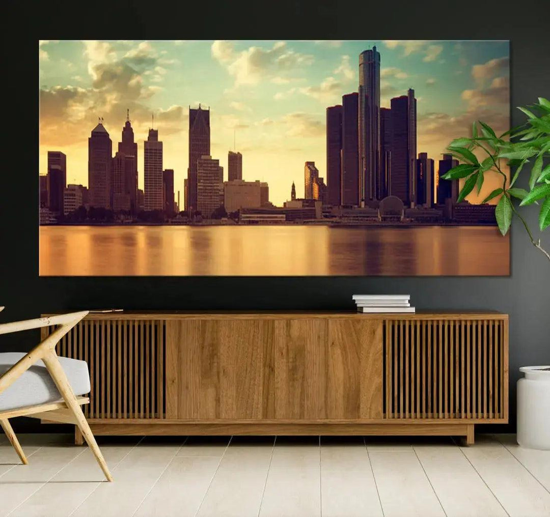 Stunning Detroit City Photo Canvas Wall Art Sunny Skyline Cityscape Canvas Print