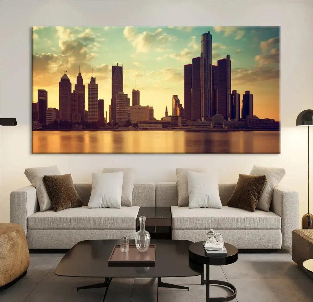 Stunning Detroit City Photo Canvas Wall Art Sunny Skyline Cityscape Canvas Print