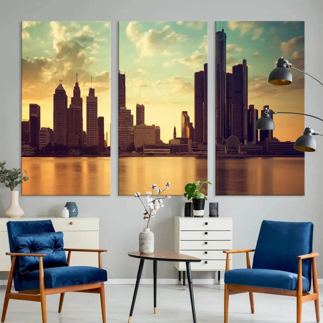 Stunning Detroit City Photo Canvas Wall Art Sunny Skyline Cityscape Canvas Print