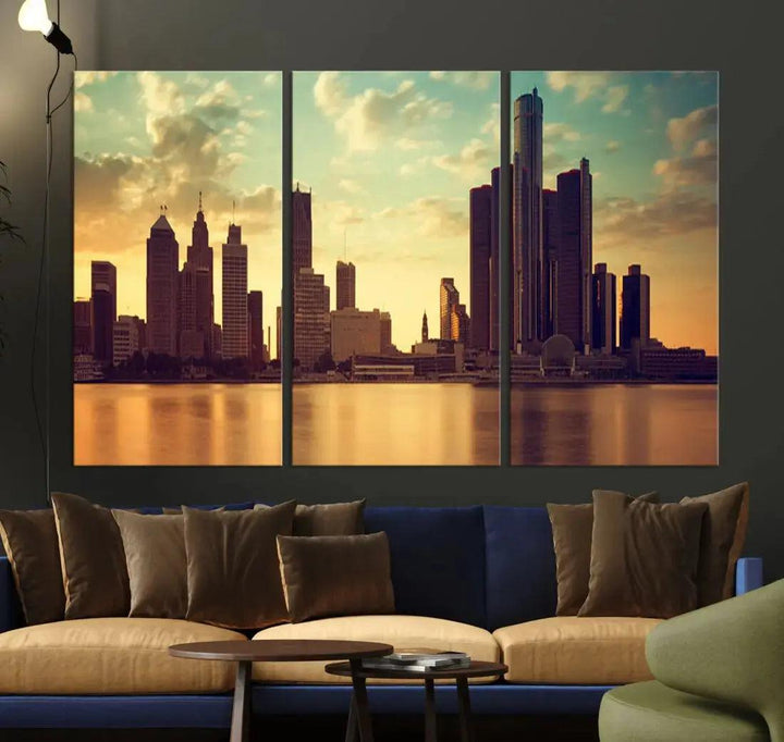 Stunning Detroit City Photo Canvas Wall Art Sunny Skyline Cityscape Canvas Print