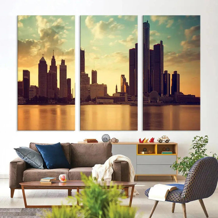 Stunning Detroit City Photo Canvas Wall Art Sunny Skyline Cityscape Canvas Print