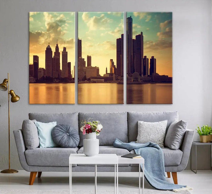 Stunning Detroit City Photo Canvas Wall Art Sunny Skyline Cityscape Canvas Print