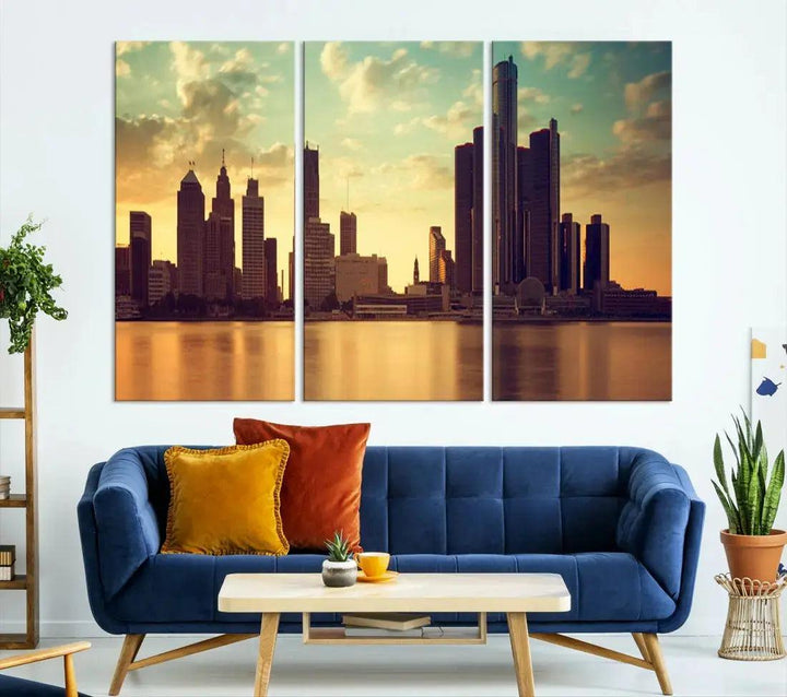 Stunning Detroit City Photo Canvas Wall Art Sunny Skyline Cityscape Canvas Print