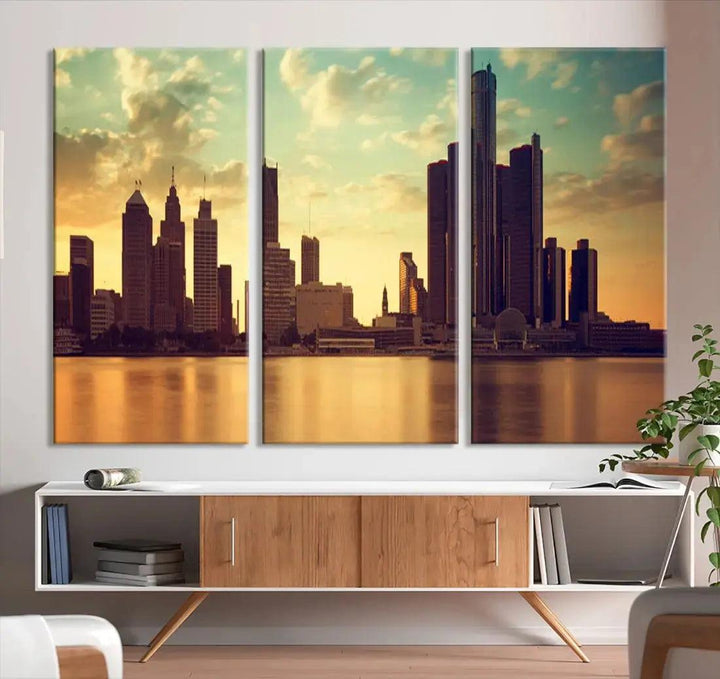 Stunning Detroit City Photo Canvas Wall Art Sunny Skyline Cityscape Canvas Print