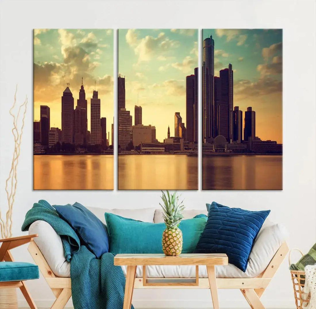 Stunning Detroit City Photo Canvas Wall Art Sunny Skyline Cityscape Canvas Print