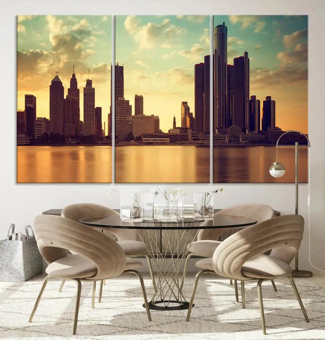 Stunning Detroit City Photo Canvas Wall Art Sunny Skyline Cityscape Canvas Print