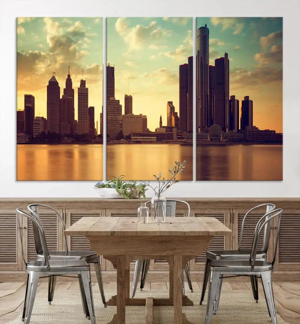 Stunning Detroit City Photo Canvas Wall Art Sunny Skyline Cityscape Canvas Print