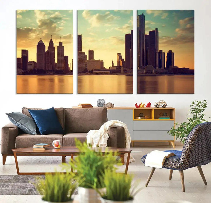 Stunning Detroit City Photo Canvas Wall Art Sunny Skyline Cityscape Canvas Print