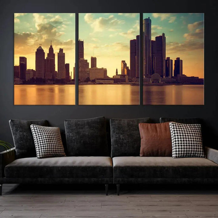 Stunning Detroit City Photo Canvas Wall Art Sunny Skyline Cityscape Canvas Print