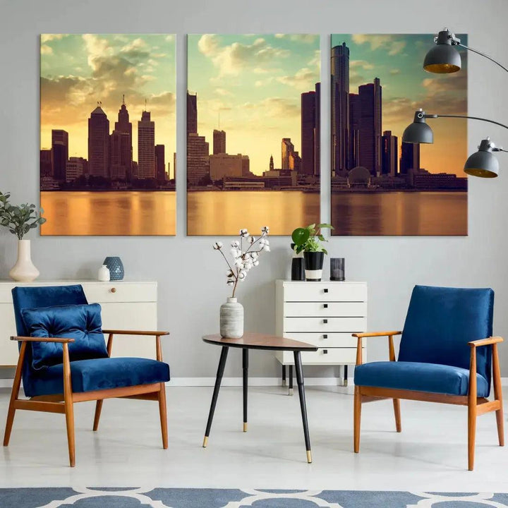 Stunning Detroit City Photo Canvas Wall Art Sunny Skyline Cityscape Canvas Print