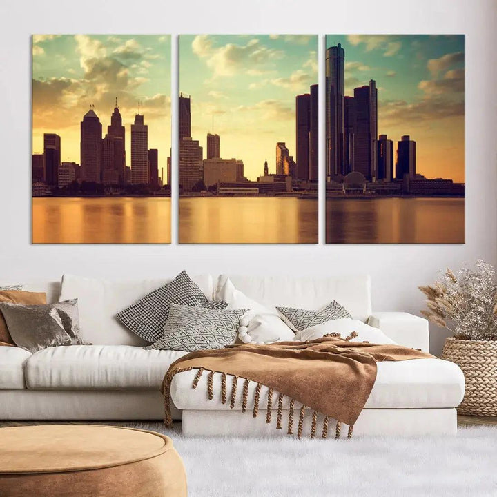 Stunning Detroit City Photo Canvas Wall Art Sunny Skyline Cityscape Canvas Print