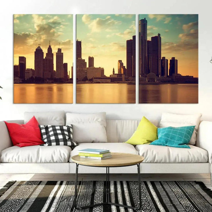 Stunning Detroit City Photo Canvas Wall Art Sunny Skyline Cityscape Canvas Print