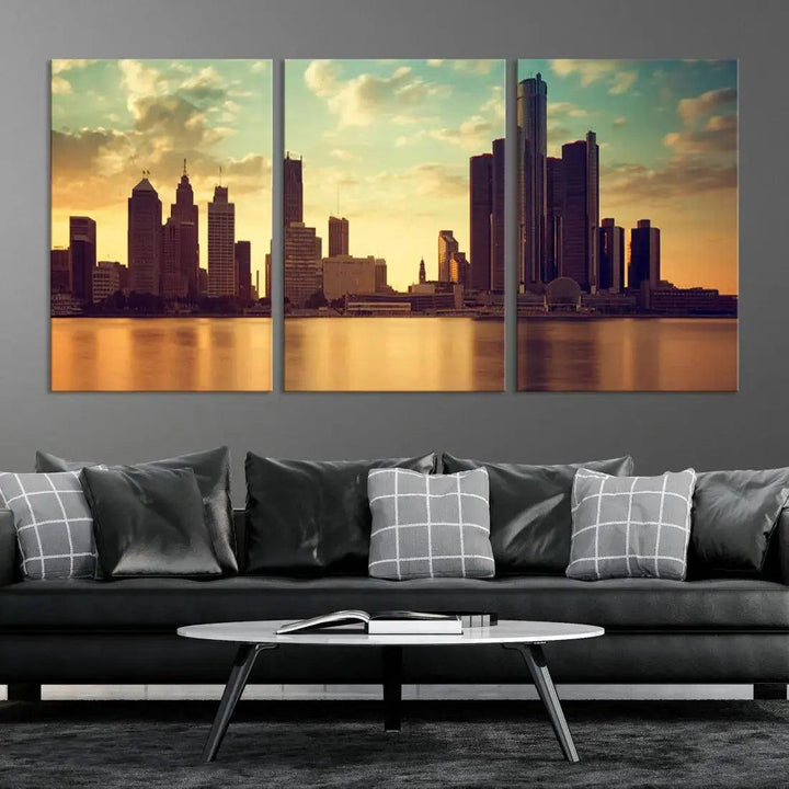 Stunning Detroit City Photo Canvas Wall Art Sunny Skyline Cityscape Canvas Print