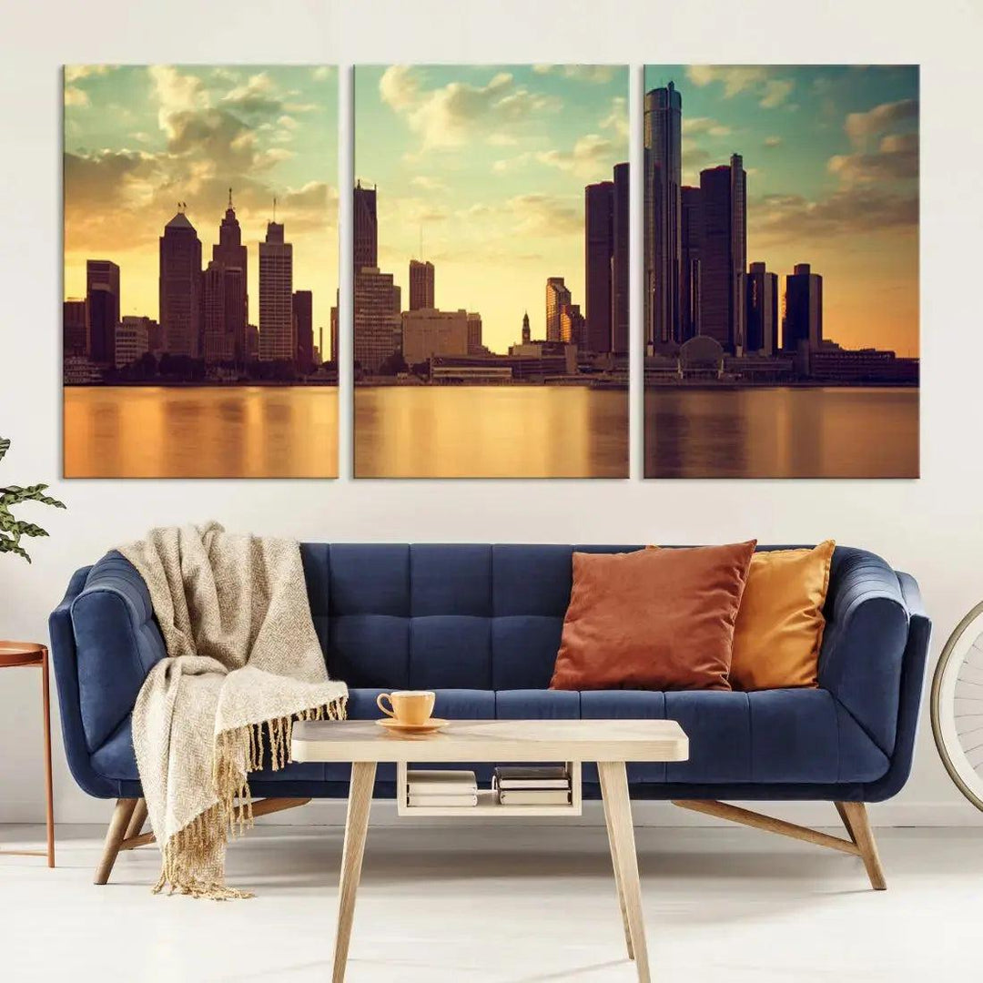 Stunning Detroit City Photo Canvas Wall Art Sunny Skyline Cityscape Canvas Print