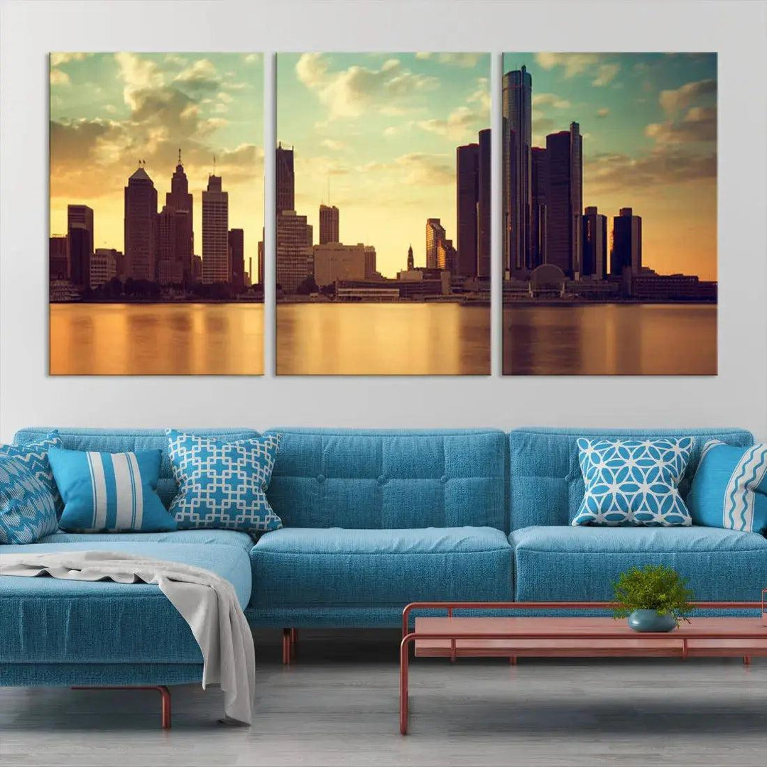 Stunning Detroit City Photo Canvas Wall Art Sunny Skyline Cityscape Canvas Print