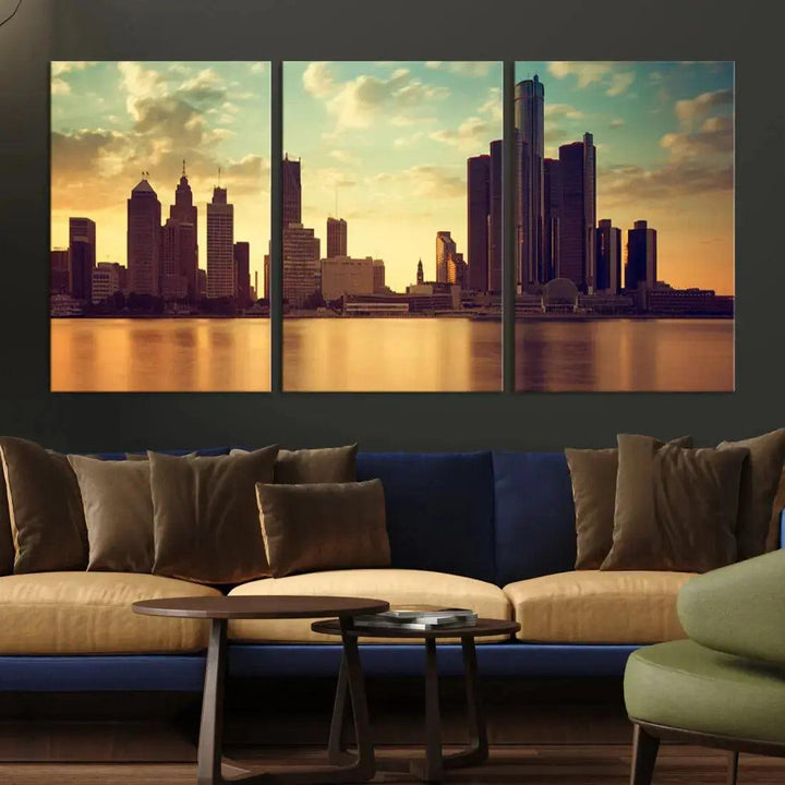 Stunning Detroit City Photo Canvas Wall Art Sunny Skyline Cityscape Canvas Print