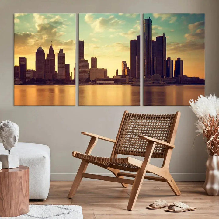 Stunning Detroit City Photo Canvas Wall Art Sunny Skyline Cityscape Canvas Print