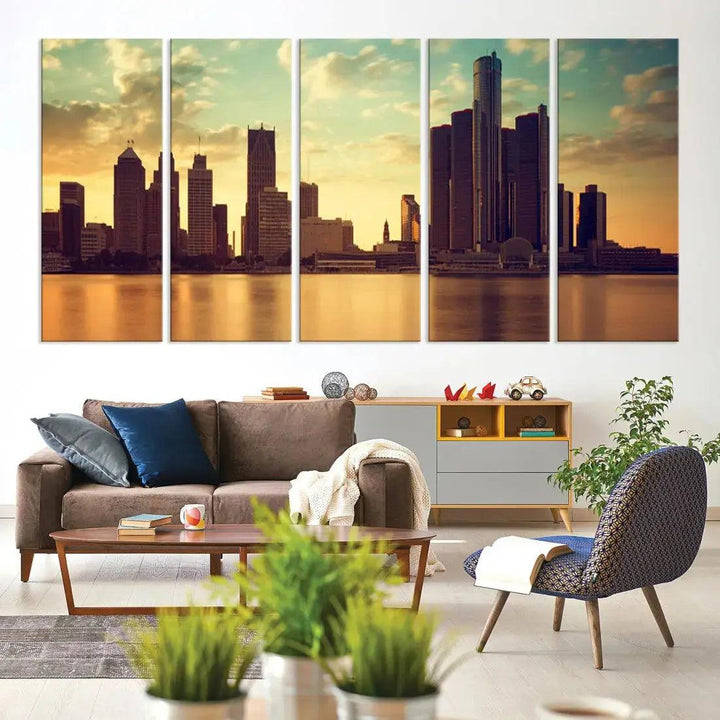 Stunning Detroit City Photo Canvas Wall Art Sunny Skyline Cityscape Canvas Print