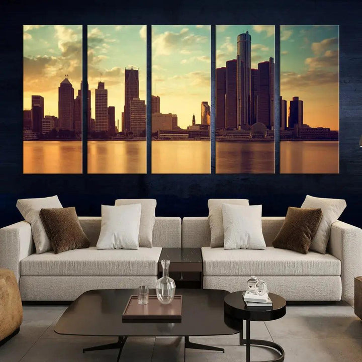 Stunning Detroit City Photo Canvas Wall Art Sunny Skyline Cityscape Canvas Print