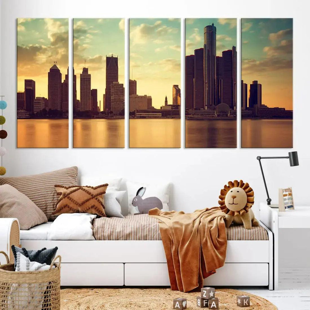 Stunning Detroit City Photo Canvas Wall Art Sunny Skyline Cityscape Canvas Print