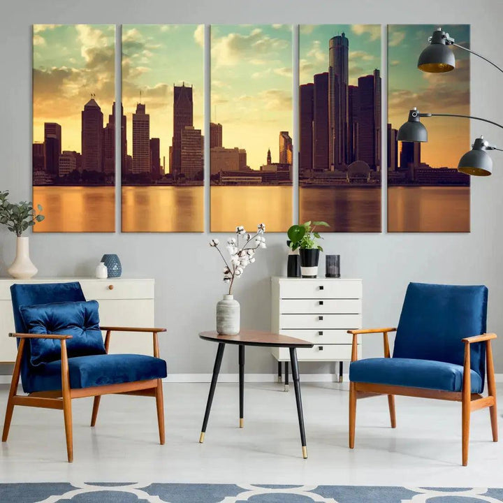 Stunning Detroit City Photo Canvas Wall Art Sunny Skyline Cityscape Canvas Print