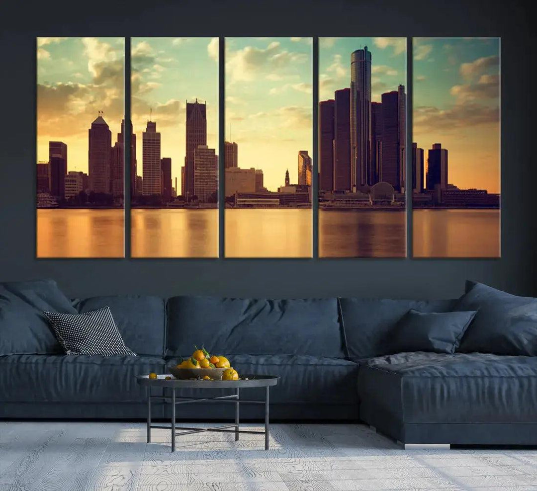 Stunning Detroit City Photo Canvas Wall Art Sunny Skyline Cityscape Canvas Print