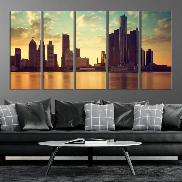 Stunning Detroit City Photo Canvas Wall Art Sunny Skyline Cityscape Canvas Print