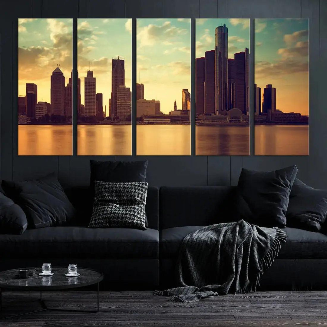 Stunning Detroit City Photo Canvas Wall Art Sunny Skyline Cityscape Canvas Print