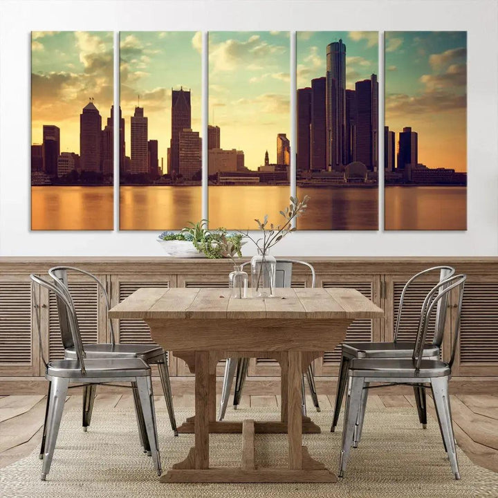 Stunning Detroit City Photo Canvas Wall Art Sunny Skyline Cityscape Canvas Print