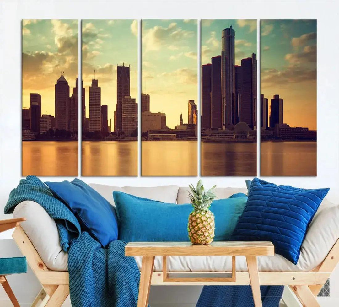 Stunning Detroit City Photo Canvas Wall Art Sunny Skyline Cityscape Canvas Print