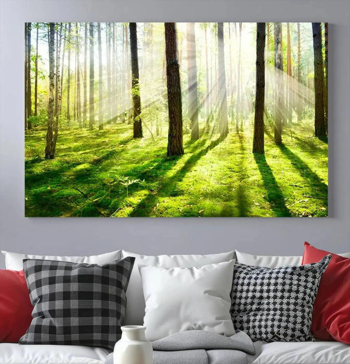 Sunlight Beams in Green Forest Large Wall Art Landscape Canvas Print