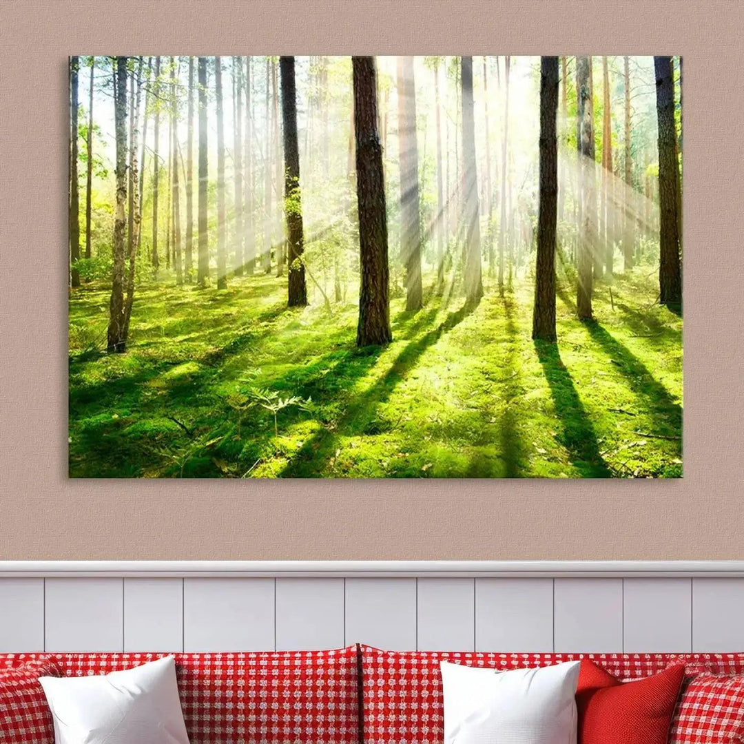 Sunlight Beams in Green Forest Large Wall Art Landscape Canvas Print