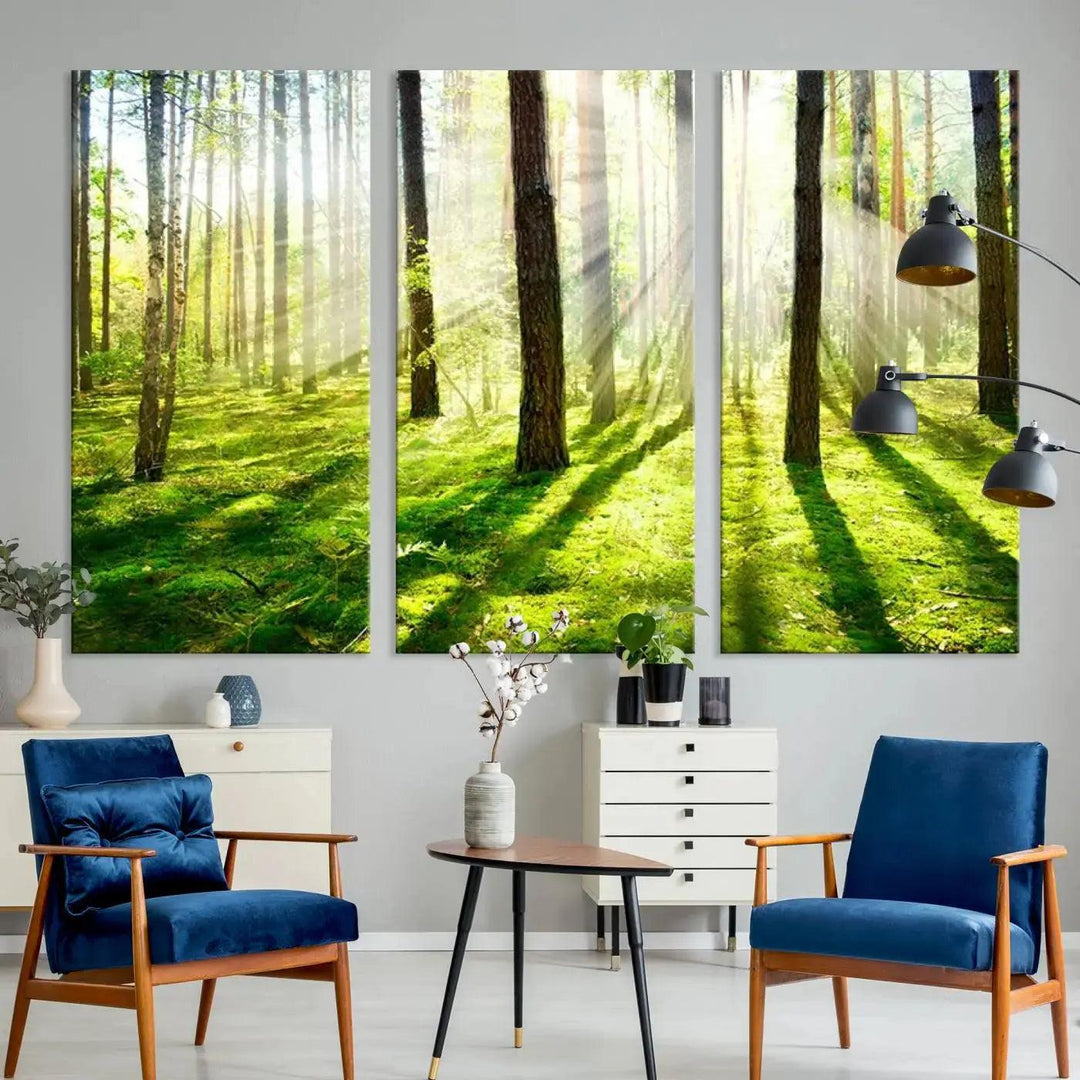 Sunlight Beams in Green Forest Large Wall Art Landscape Canvas Print