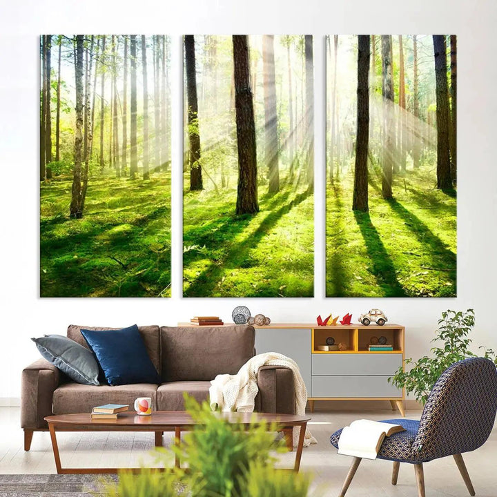 Sunlight Beams in Green Forest Large Wall Art Landscape Canvas Print