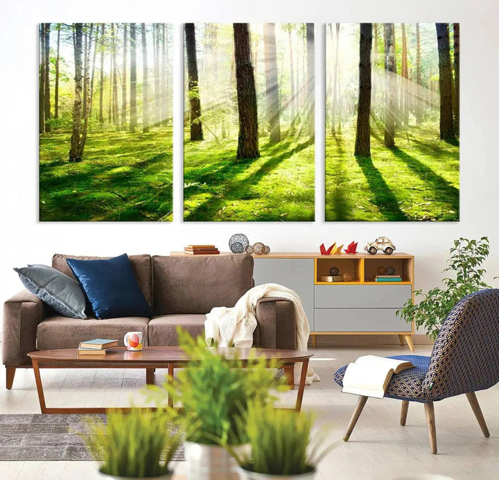 Sunlight Beams in Green Forest Large Wall Art Landscape Canvas Print