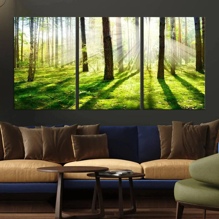 Sunlight Beams in Green Forest Large Wall Art Landscape Canvas Print