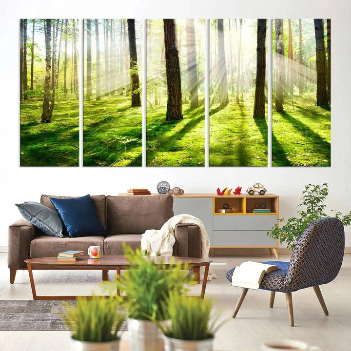 Sunlight Beams in Green Forest Large Wall Art Landscape Canvas Print