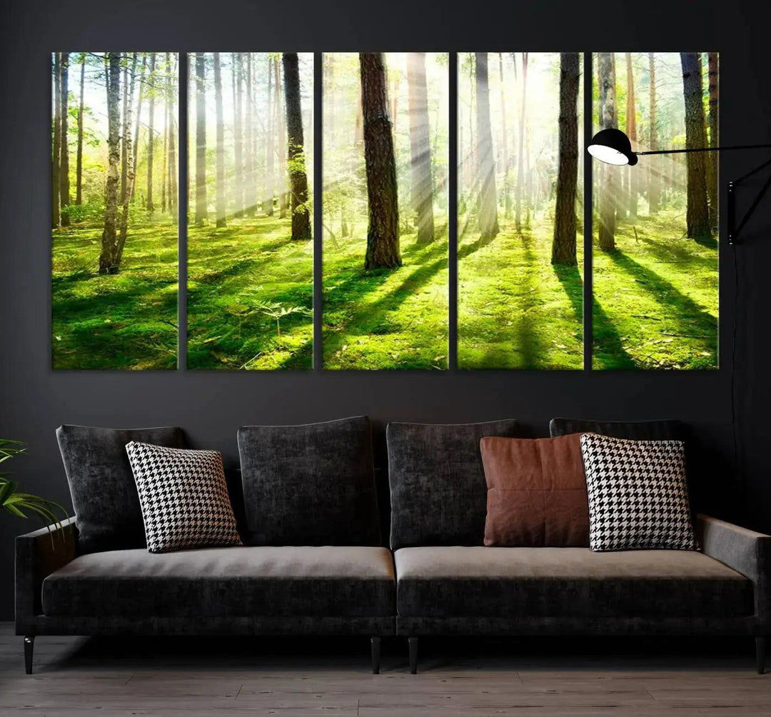 Sunlight Beams in Green Forest Large Wall Art Landscape Canvas Print