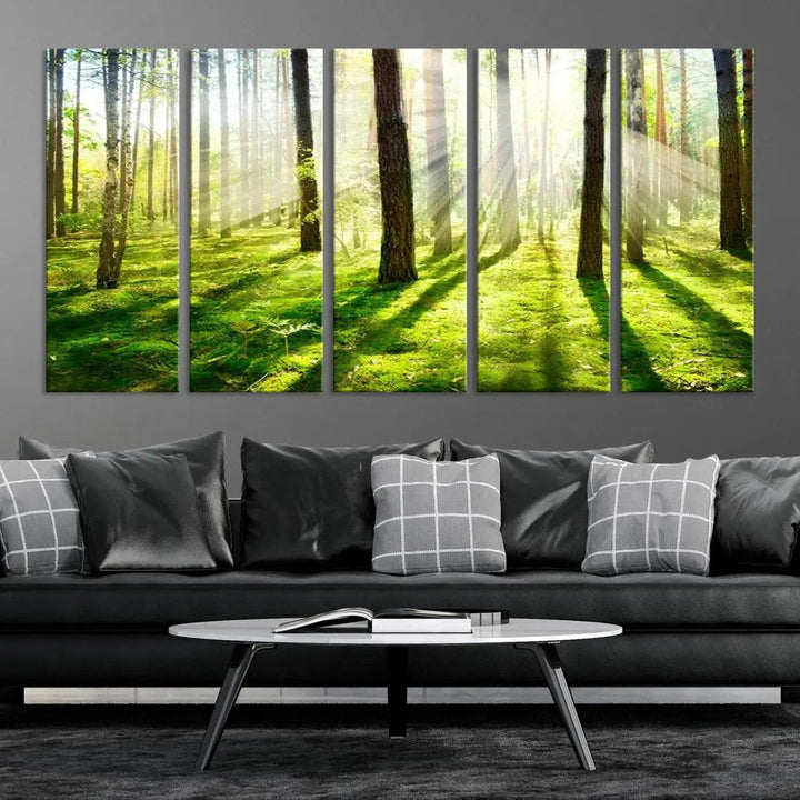 Sunlight Beams in Green Forest Large Wall Art Landscape Canvas Print