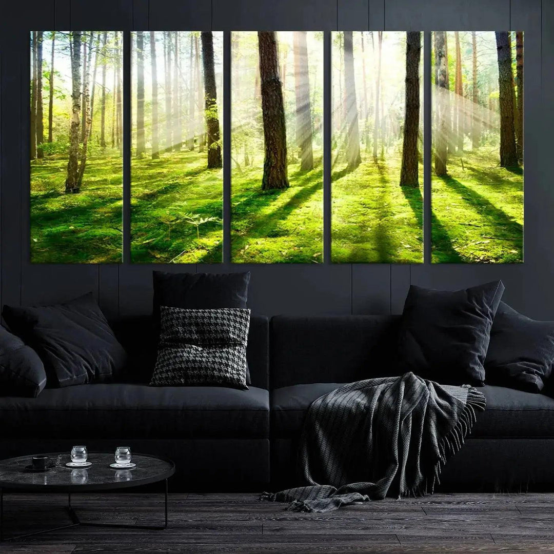 Sunlight Beams in Green Forest Large Wall Art Landscape Canvas Print