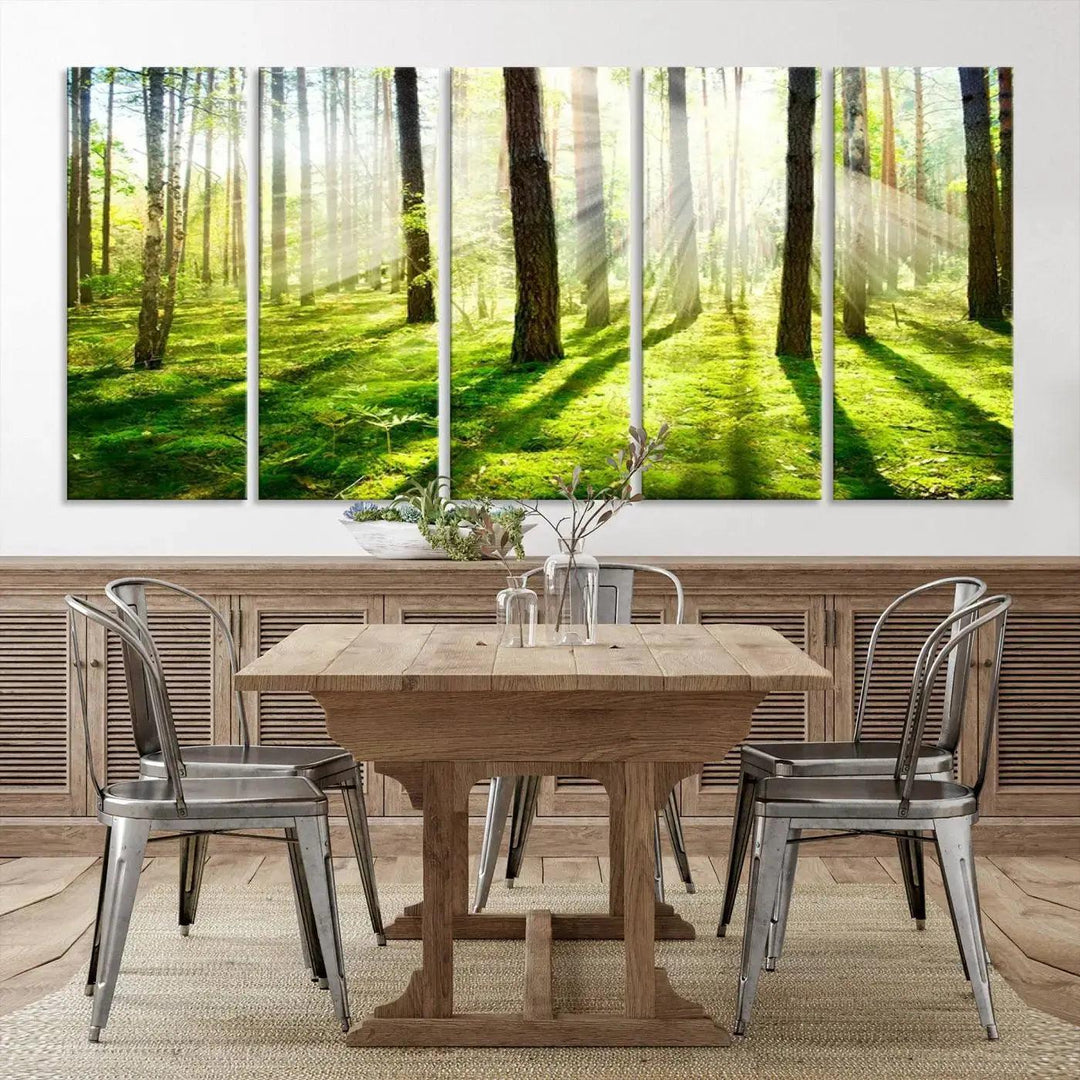 Sunlight Beams in Green Forest Large Wall Art Landscape Canvas Print