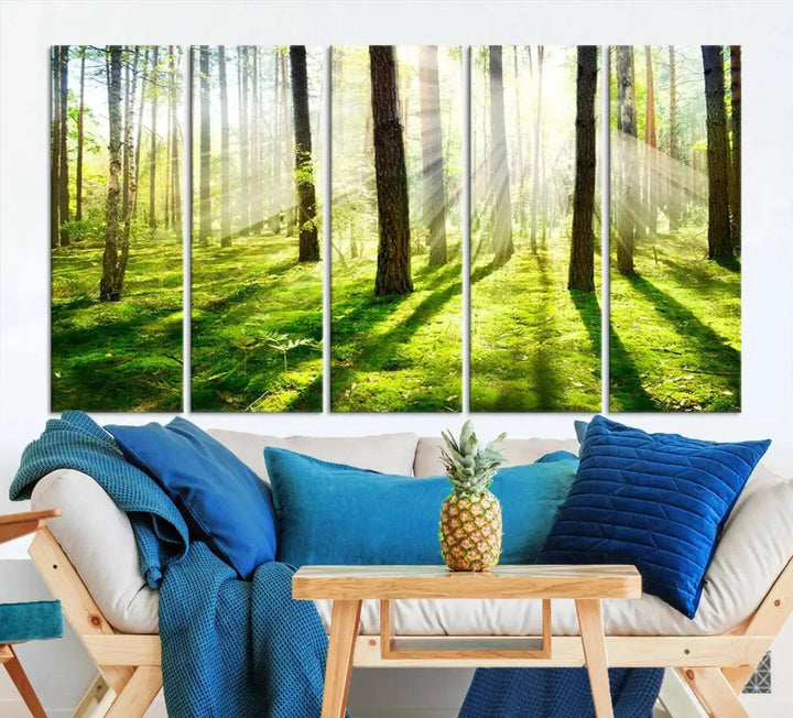 Sunlight Beams in Green Forest Large Wall Art Landscape Canvas Print